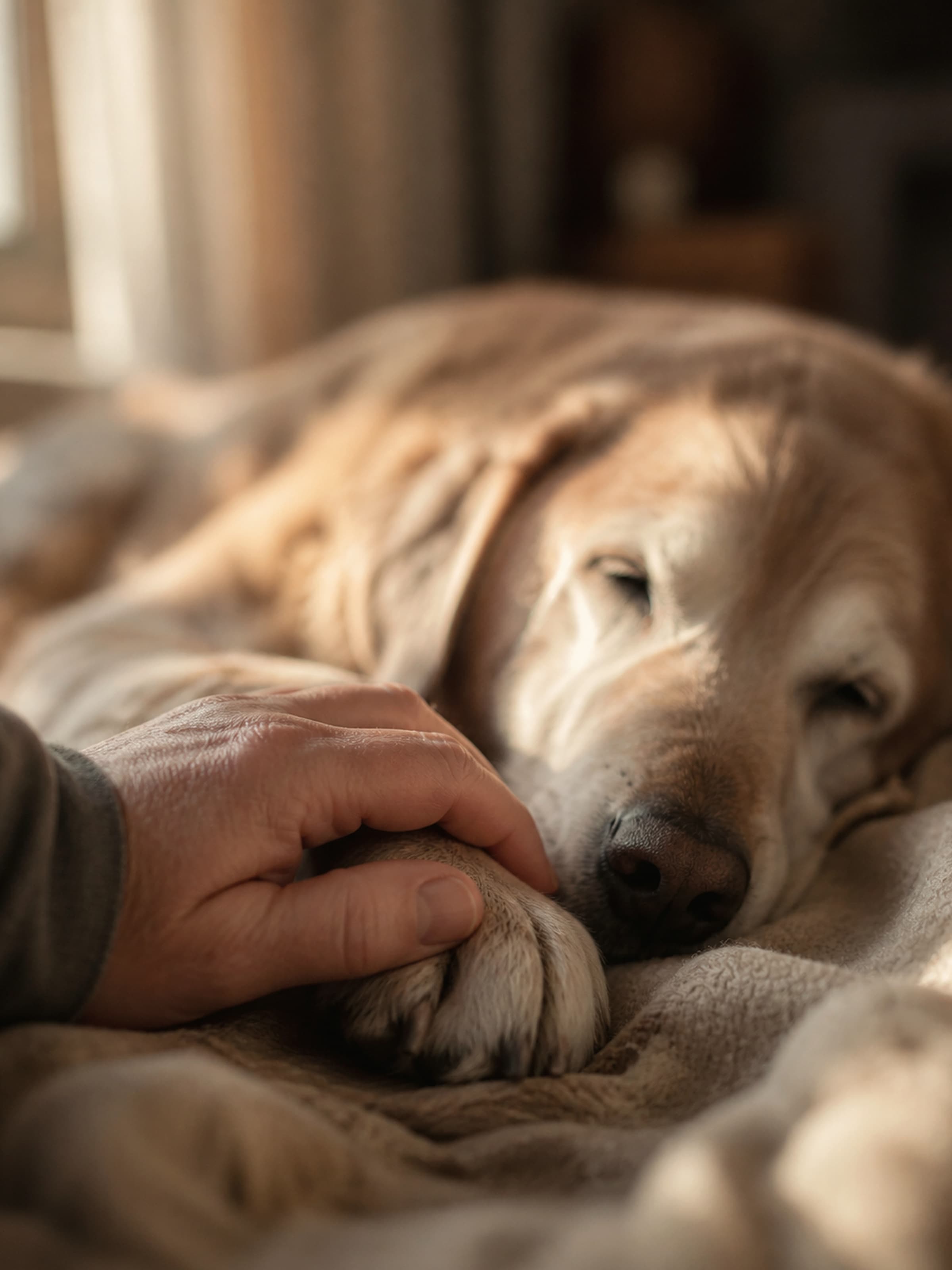 A hand rests gently on the paw of a sleeping golden retriever — a quiet moment of farewell.