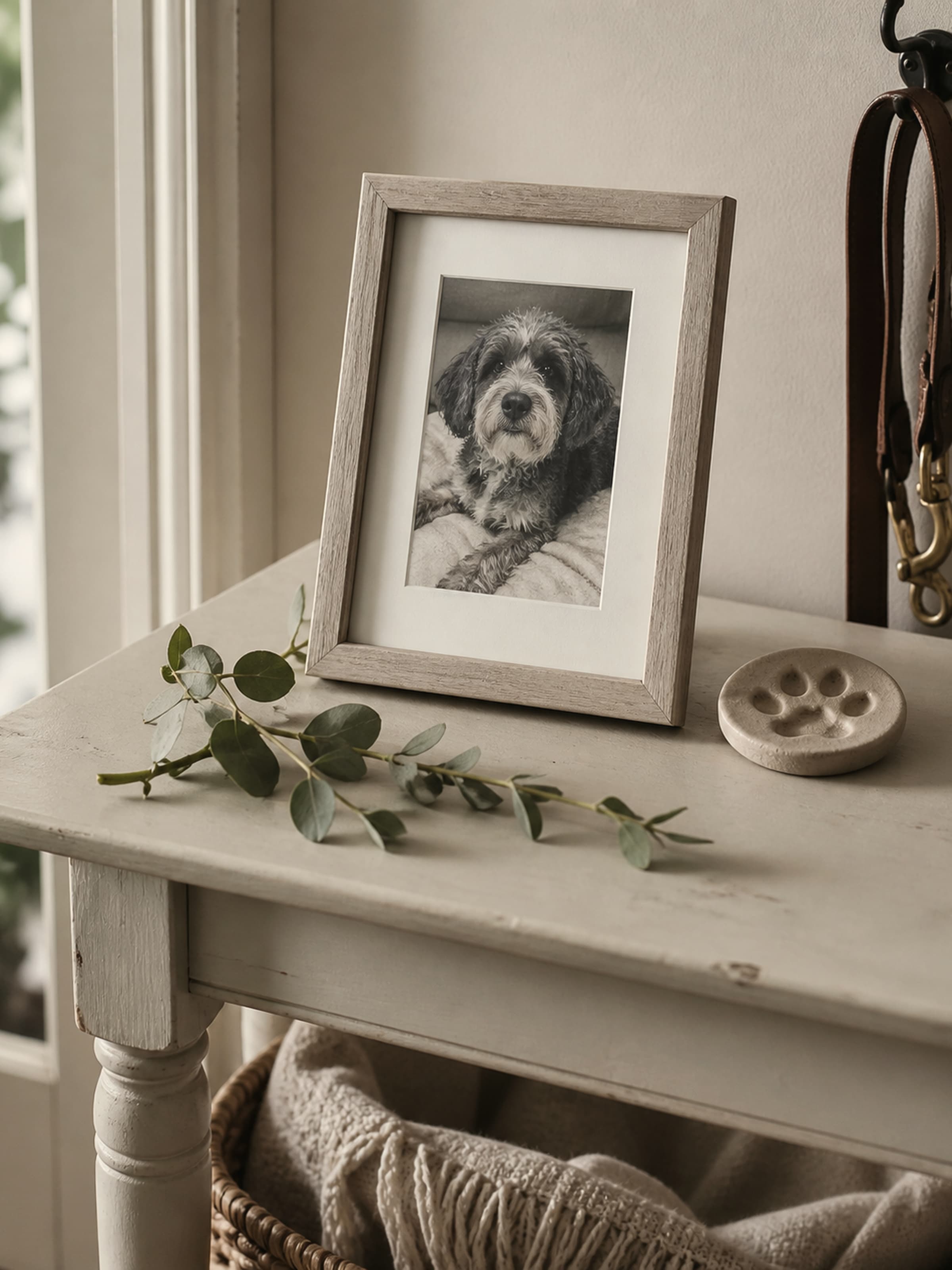 A framed black-and-white photograph of a scruffy dog sits on a cream side table beside a sprig of eucalyptus and a clay paw-print keepsake.