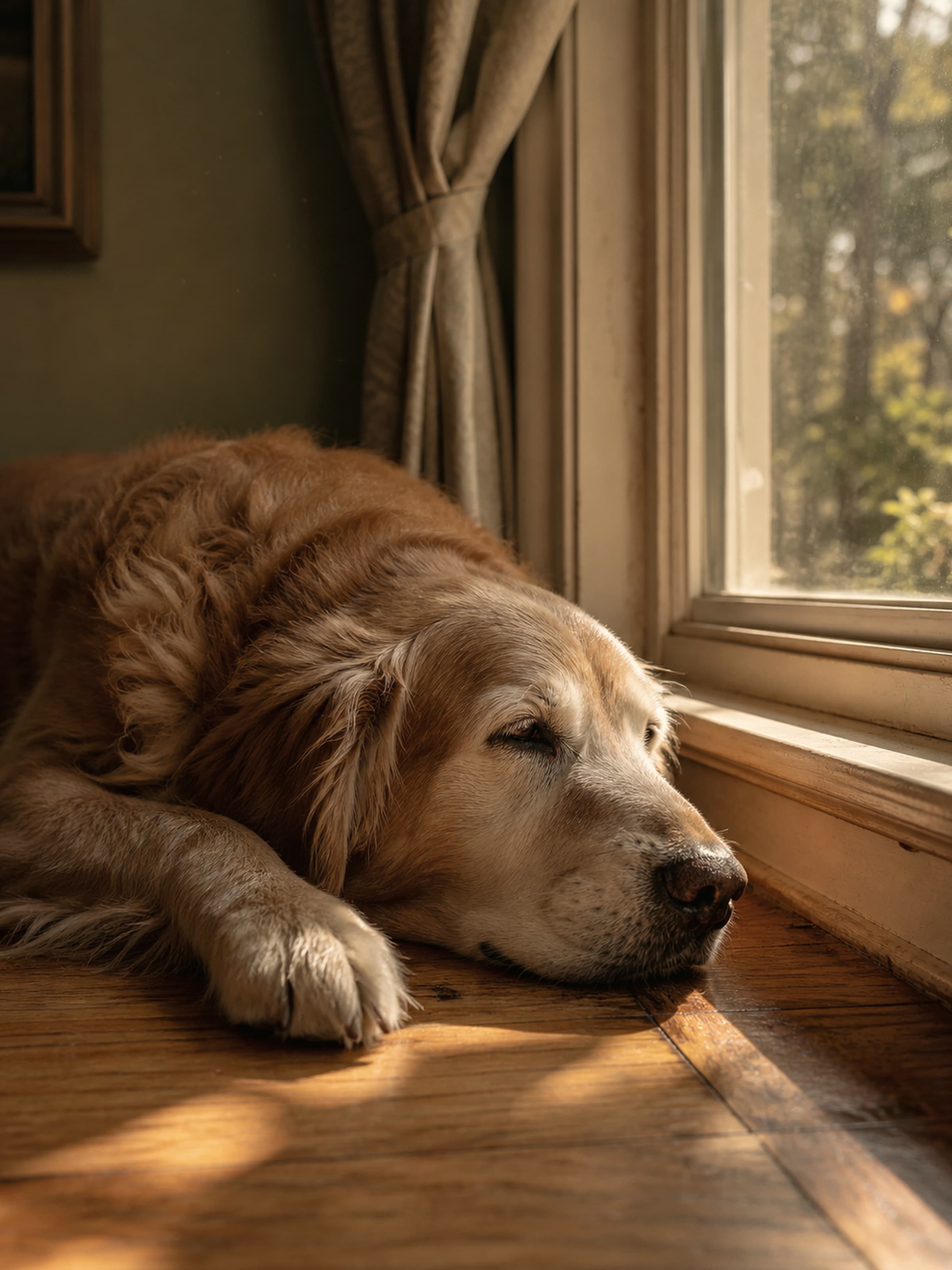 A senior golden retriever rests on a hardwood floor by a sunlit window — a quiet afternoon moment.